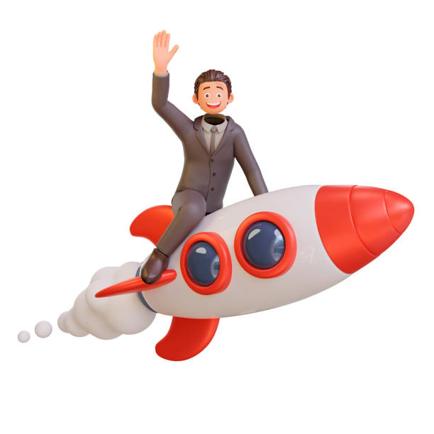 istock 3d businessman character is flying on a rocket 1449210489