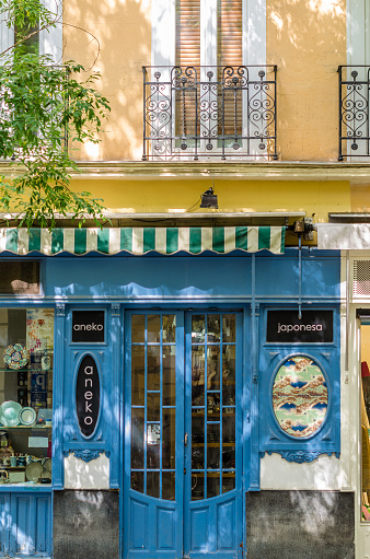 Madrid, Spain - July 23, 2021: Colorful facade of the Aneko Japanese store in Madrid, specialized in porcelain, tableware, kimonos and other Japanese products