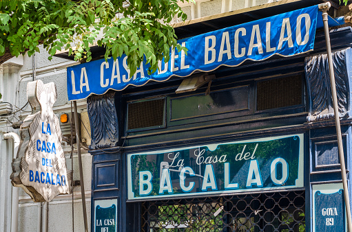 Madrid, Spain - July 23, 2021: View of the store La casa del bacalao in Madrid, specialized in codfish