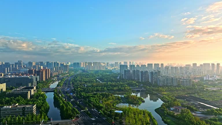 Aerial view of city skyline in Ningbo at sunrise