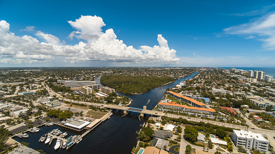Deerfield Island Park with Intracoastal Waterway and E Hillsboro Blvd Drawbridge panoramic view in summer, in Deerfield Beach, Florida.
