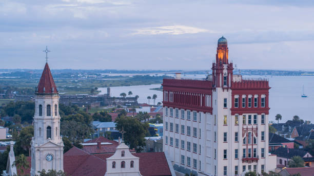 istock Saint Augustine, Florida skyline at sunrise. The view over the Historic Downtown District toward Cathedral Basilica of St. Augustine, with Matanzas River and marina. 1449220558