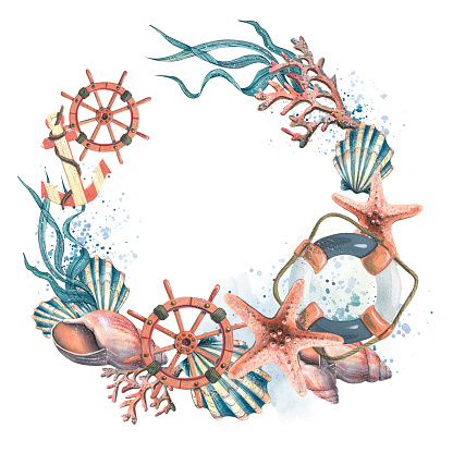 A round frame, a wreath with marine inhabitants, a steering wheel, an anchor and a lifebuoy. Watercolor illustration. Template preparation from the MARINE SYMPHONY collection. For design.