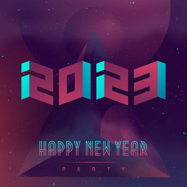 istock Happy New Year 2023 party. Futuristic design poster with abstract elements in dark space. Illustration applicable for covers, placards, music posters and dj flyers. Figures levitating in outer space. 2023. 1449222137