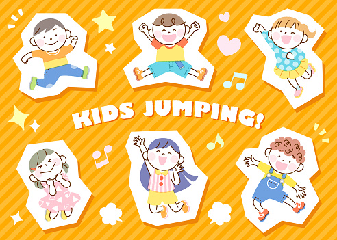 Children jump illustration set white border orange version seal style