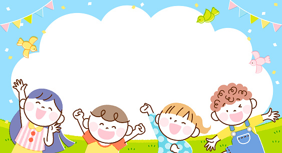 Children jump illustration banner frame (rectangular zoom version)