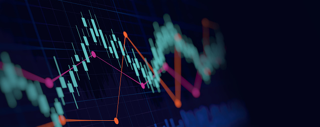 Gráfico financiero abstracto con gráfico de velas de línea de tendencia alcista en el mercado de valores sobre fondo de color claro neón photo
