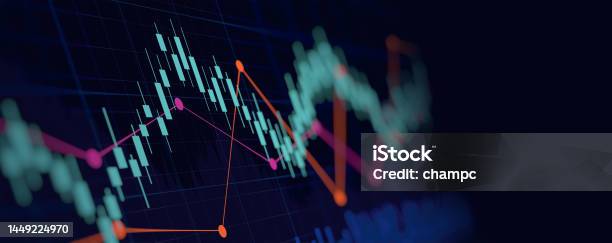 Abstract Financial Graph With Up Trend Line Candlestick Chart In Stock Market On Neon Light Colour Background Stock Photo - Download Image Now