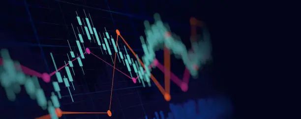 Photo of Abstract financial graph with up trend line candlestick chart in stock market on neon light colour background