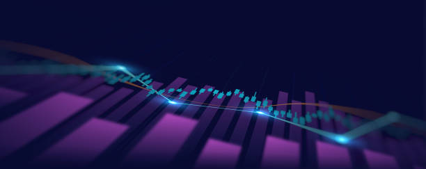 abstrakte finanzgrafik mit aufwärtstrendlinien-candlestick-chart an der börse auf neonhellem hintergrund - lila grafiken stock-fotos und bilder