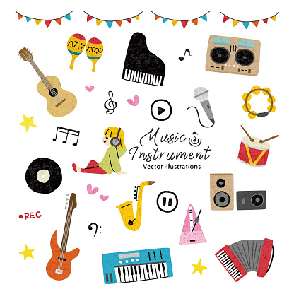 Music related hand drawn vector icon set.