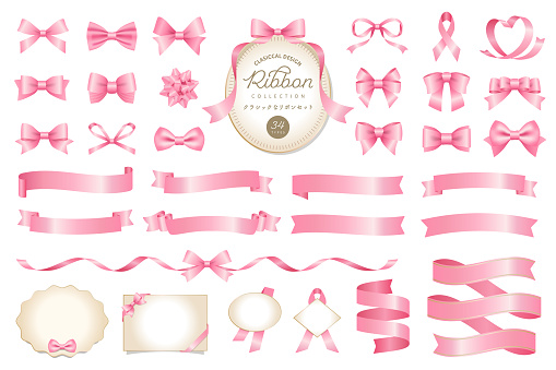 34 sets of pink color ribbon illustrations. Classic and gorgeous ornaments and frames. Good for valentine's day & mother's day ( Text transition : 