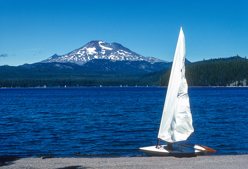 Cascade Lakes Scenic Byway - Mt. Bachelor & Sailboat by Lake - 1983