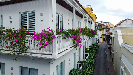 Lush balcony planters along the street the old town of Cartagena Columbia