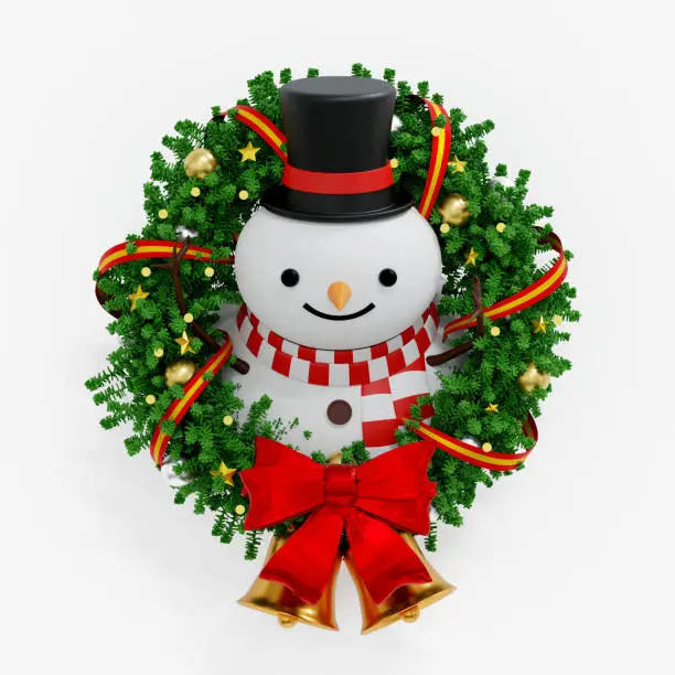Snowman in Christmas wreath with bows and ribbons baubles, celebrate Merry Christmas Xmas and Happy New Year festival, holiday greeting cards, 3D rendering.