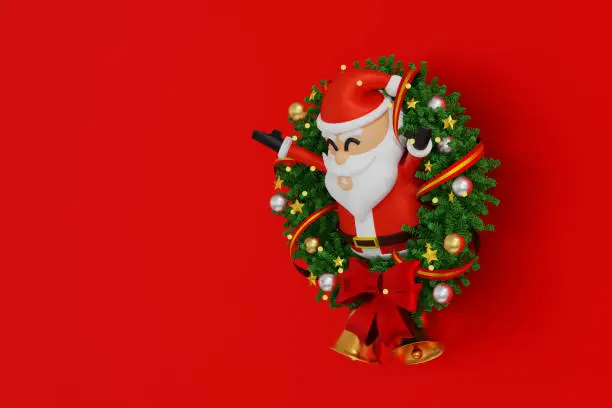 Santa Clause in Christmas wreath with bows and ribbons baubles, celebrate Merry Christmas Xmas and Happy New Year festival, holiday greeting cards, 3D rendering.