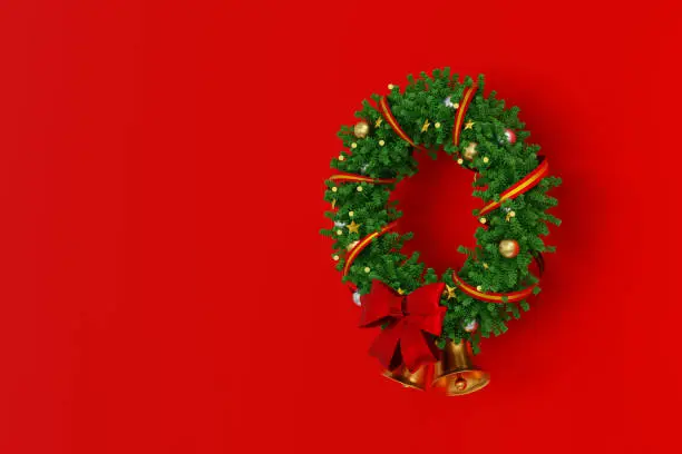 Christmas wreath with bows and ribbons baubles, celebrate Merry Christmas Xmas and Happy New Year festival, holiday greeting cards, 3D rendering.
