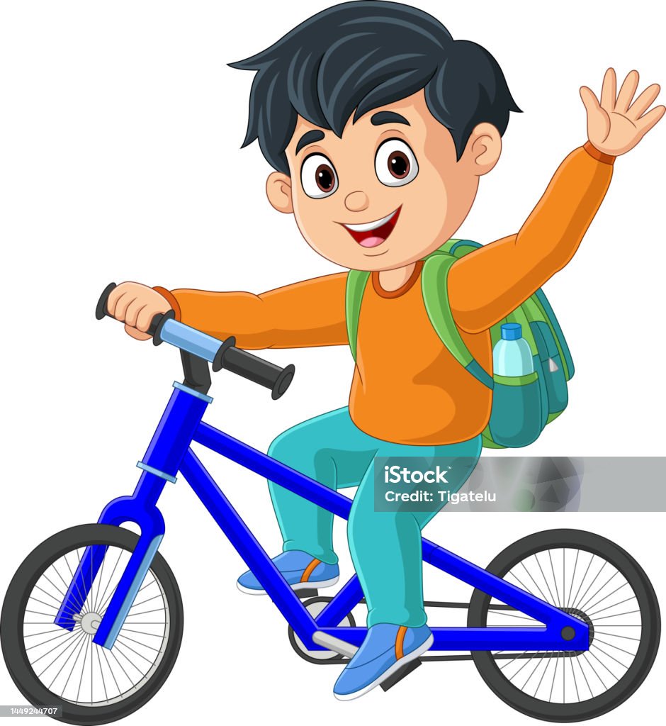 Dễ Thương Cậu Bé Học Sinh Hoạt Hình Đi Xe Đạp Hình minh họa Sẵn có ...