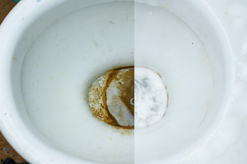 Photos before and after pouring a dirty toilet bowl with a special chemical-based detergent against stubborn dirt