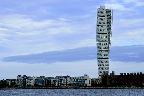 Futurist Skyscraper view from harbor in Malmo. Sweden