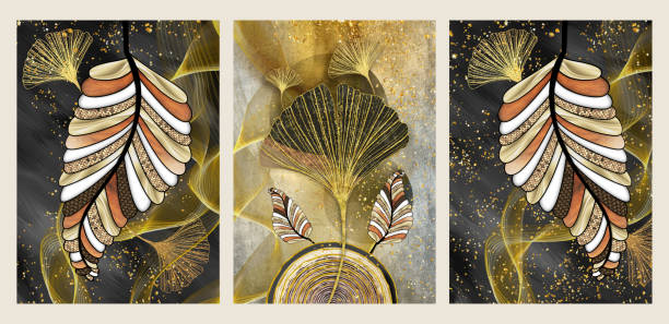 istock 3d wall frame art. Drawing black background golden waves shapes, turquoise, and golden tree leaf, feathers 1449253423