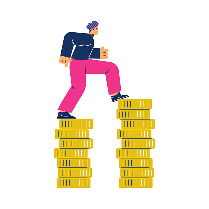 Man climbing up on piles of money coins, flat cartoon vector illustration isolated on white background. Financial success and money revenue growth business concept.