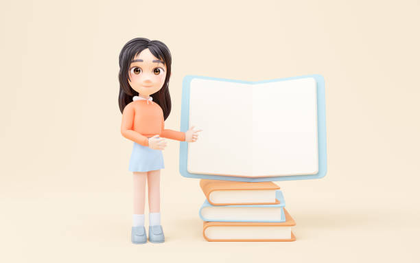 Little girl and stack of books, 3d rendering. Digital drawing.