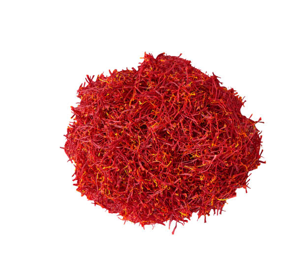 istock Pile of dried saffron spice isolated on white background, top view. 1449264407