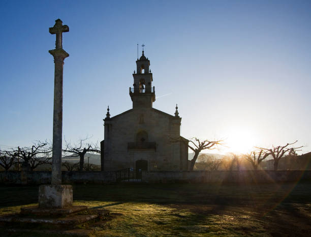 Os Remedios sanctuary, baroque church and stone cross, cruceiro, near Verín, Ourense province, Galicia, Spain.