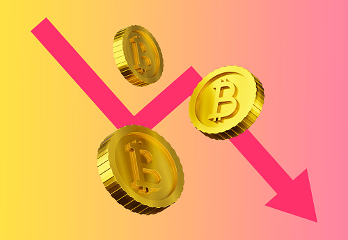 The fall of the bitcoin exchange rate in the crypto market. Stylized coins. 3D render illustration