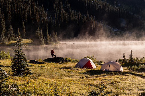 Tent camp in Canadian wilderness near a lake, Whistler, British Columbia, Canada.