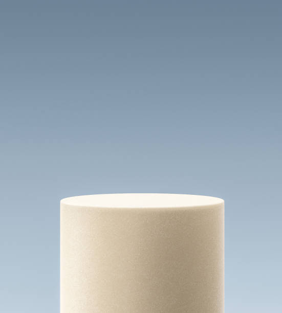 White marble stone cylinder podium shelf display product platform on 3d blue background of empty modern advertising stand presentation stage concept or blank pedestal natural rock premium table scene.