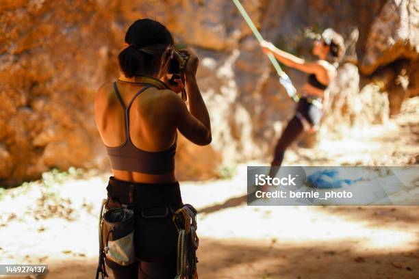 Take Photos For Team Climbing Partners Stock Photo - Download Image Now - Achievement, Active Lifestyle, Adults Only