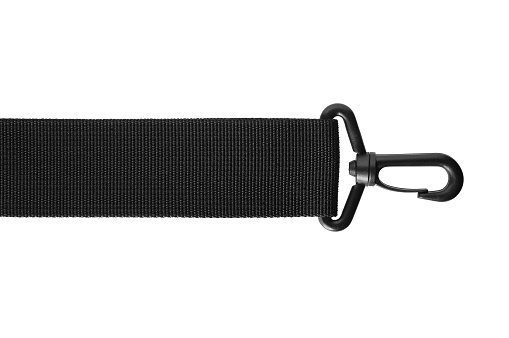 Black belt rope strap lanyard, hanging plastic clasp snap latch hook carabiner, isolated macro closeup, large detailed horizontal, white background