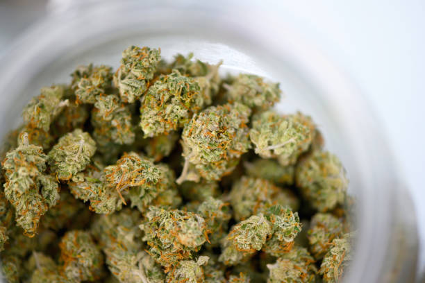 Jar full of cannabis buds Marijuana buds in a bowl, medical or recreative, copy space medical cannabis stock pictures, royalty-free photos & images
