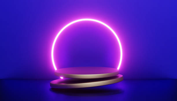 istock Product presentation pedestal podium platform, podium stage with neon lights 1449282155