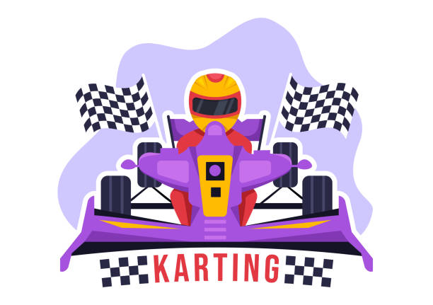 ilustraciones, imágenes clip art, dibujos animados e iconos de stock de karting sport con juego de carreras go kart o mini car en una pista de circuito pequeño en una ilustración plana de plantilla dibujada a mano de dibujos animados - sport go cart go carting sports race