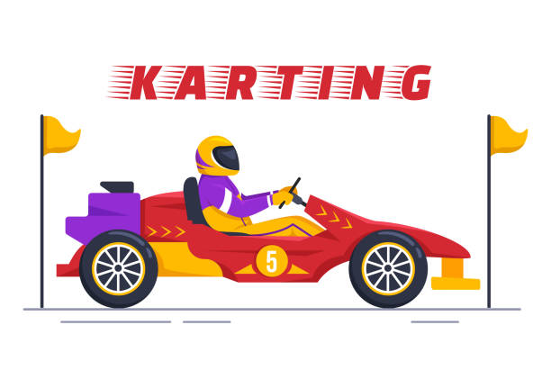 illustrazioni stock, clip art, cartoni animati e icone di tendenza di karting sport con gioco di corse go kart o mini car su piccola pista di circuito in cartone animato piatto illustrazione del modello disegnato a mano - go carting