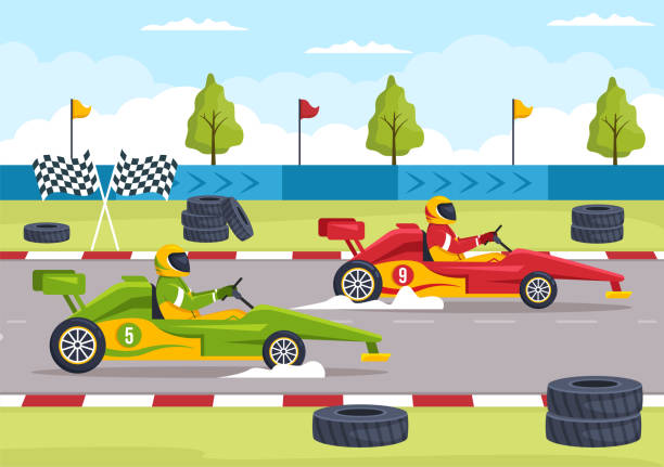 ilustrações, clipart, desenhos animados e ícones de karting sport com jogo de corrida go kart ou mini car em pista de circuito pequeno em desenho animado plano desenhado à mão modelo ilustração - go cart