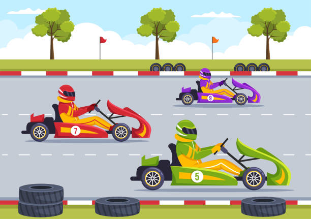ilustrações, clipart, desenhos animados e ícones de karting sport com jogo de corrida go kart ou mini car em pista de circuito pequeno em desenho animado plano desenhado à mão modelo ilustração - go cart