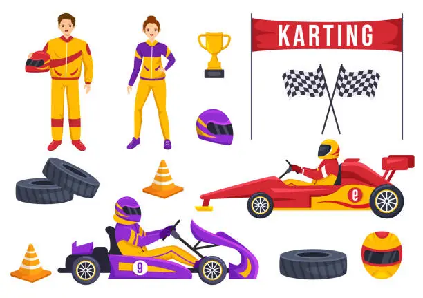 Vector illustration of Karting Sport with Racing Game Go Kart or Mini Car on Small Circuit Track in Flat Cartoon Hand Drawn Template Illustration