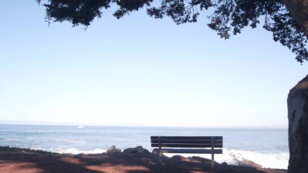 istock Ocean beach and sea waves, California coast. Beachfront waterfront empty bench. 1449285354