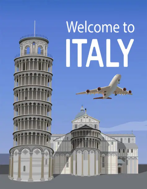 Vector illustration of Leaning Tower of Pisa and a flying airliner. Vector.