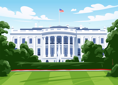 Vector illustration of the South Portico of the White House in Washington DC, the official residence and workplace of the President of the United States.