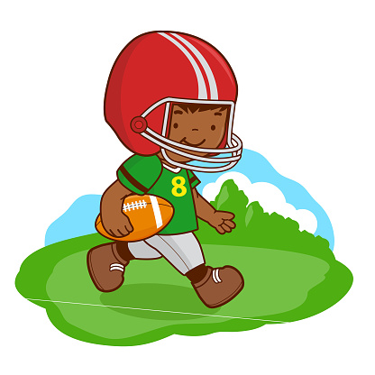A happy child plays American football. Vector illustration