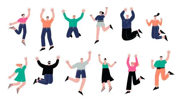 Vector illustration of Happy jumping flat people. Human flying various poses, smile and cheer. Rejoicing celebration students team. Men women jump sapid vector characters