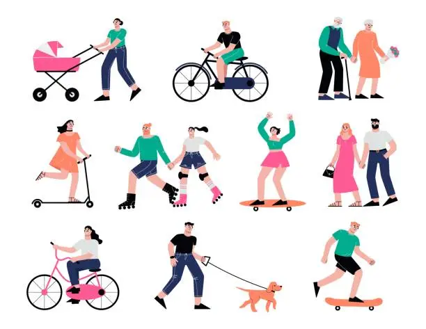 Vector illustration of People summer walk on street. Young adults on scooter and skateboard, adults and senior persons. Dog walking, couple and teens sapid vector characters