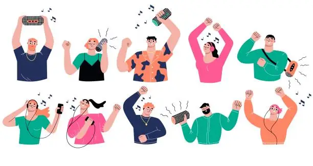 Vector illustration of People in headphones listen music. Teenager sound in mobile, young girl boy dance. Song in smartphone and mobile speaker, sapid happy vector characters