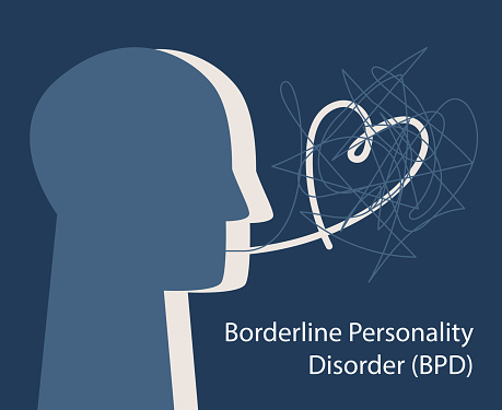 BPD concept. Simple icon of the head of a person with borderline personality disorder. Emotional swing, split personality, bipolar disorder.Vector illustration about mental illness