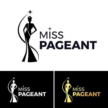 Miss pageant sign - black white and gold The beauty queen pageant wearing a crown and star roll around vector design